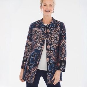 Chico's Blue Gold Metalic Brocade Mandarin Collar Blazer Size S-M